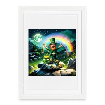 Drôle de lutin heureux avec arc-en-ciel en arrière-plan. - Affiche encadrée (27 × 37 cm) - blanc - Devant