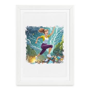 Woman jumping over a lot of garbage - Framed poster (27 × 37 cm) - white - Front
