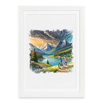 Children on bicycles in mountain landscape - Framed poster (27 × 37 cm) - white - Front