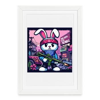 Bunny Bunny GTA Gamer Gun Lapin mignon Lol - Affiche encadrée (27 × 37 cm) - blanc - Devant