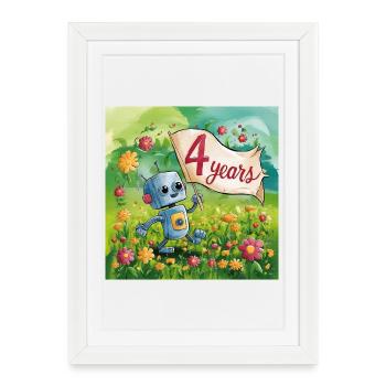 4 ans petit robot mignon dans la prairie fleurie - Affiche encadrée (27 × 37 cm) - blanc - Devant