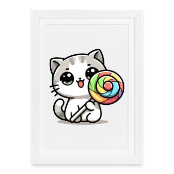 Moustaches sucrées : le chat de bonbon - Affiche encadrée (27 × 37 cm) - blanc - Devant