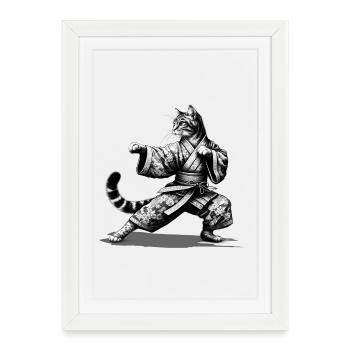 Chat avec kimono en position de combat de kung-fu - Affiche encadrée (27 × 37 cm) - blanc - Devant