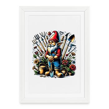 Nain de jardin coloré et vivant entouré d’outils - Affiche encadrée (27 × 37 cm) - blanc - Devant