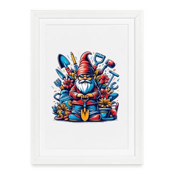 Nain de jardin coloré et sinistre avec des fleurs et des outils - Affiche encadrée (27 × 37 cm) - blanc - Devant