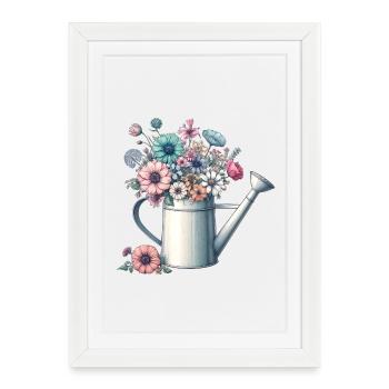 Arrosoir, luxuriant rempli de fleurs aux couleurs pastel - Affiche encadrée (27 × 37 cm) - blanc - Devant