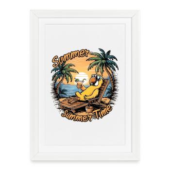 Summer parrot with sunglasses on beach chair - Framed poster (27 × 37 cm) - white - Front