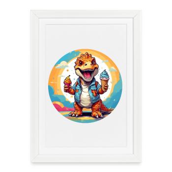 Petit dinosaure mignon avec un gros cornet de crème glacée coloré - Affiche encadrée (27 × 37 cm) - blanc - Devant