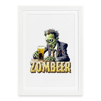Zombier - Zombie et bière Bière Happy Halloween - Affiche encadrée (27 × 37 cm) - blanc - Devant