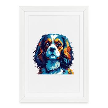 Cavalier King Charles Spaniel Chien Race Dessin animé - Affiche encadrée (27 × 37 cm) - blanc - Devant