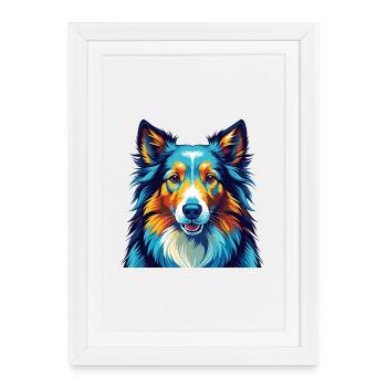 Chien de berger Shetland race Coloré Dessin animé Kawaii - Affiche encadrée (27 × 37 cm) - blanc - Devant