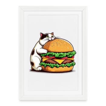 Gourmet cat and hamburger - Framed poster (27 × 37 cm) - white - Front