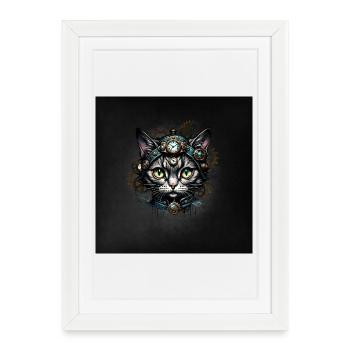 Mignon chat steampunk avec des horloges et des engrenages. - Affiche encadrée (27 × 37 cm) - blanc - Devant