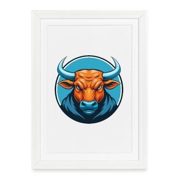 Taureau mignon kawaii dessin animé Clipart Animal Pet Logo - Affiche encadrée (27 × 37 cm) - blanc - Devant