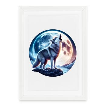 Le loup hurle à la pleine lune - Affiche encadrée (27 × 37 cm) - blanc - Devant
