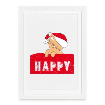 Chat heureux avec bonnet de Noël - Affiche encadrée (27 × 37 cm) - blanc - Devant