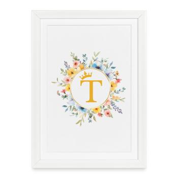T monogramme, cercle de fleurs, personnalisable - Affiche encadrée (27 × 37 cm) - blanc - Devant