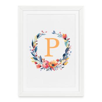 P Monogram, Couronne de fleurs, Personnalisable - Affiche encadrée (27 × 37 cm) - blanc - Devant