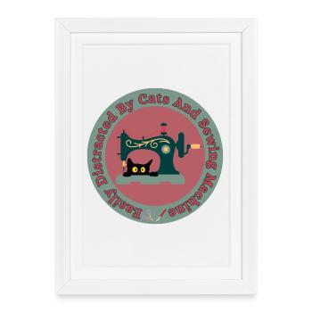 Chat à la machine à coudre rétro - Affiche encadrée (27 × 37 cm) - blanc - Devant