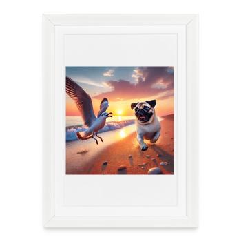 Lively beach adventures with dog and seagull - Framed poster (27 × 37 cm) - white - Front
