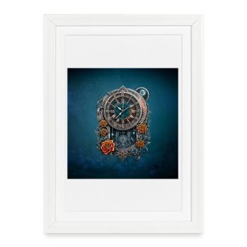Montre steampunk ornée de roses. - Affiche encadrée (27 × 37 cm) - blanc - Devant