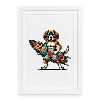 Surfeur Beagle - Affiche encadrée (27 × 37 cm) - blanc - Devant