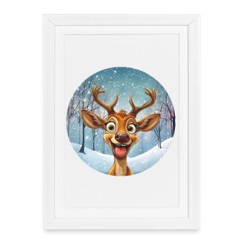 Renne d’hiver heureux dans la forêt hivernale - Affiche encadrée (27 × 37 cm) - blanc - Devant