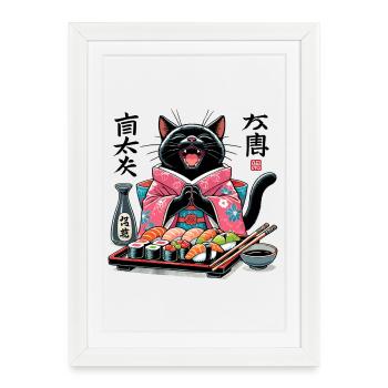 Sushi Cat Kimono Maki Nigiri Cadeau - Affiche encadrée (27 × 37 cm) - blanc - Devant