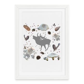 Cerf aux pommes de pin et champignons - Affiche encadrée (27 × 37 cm) - blanc - Devant