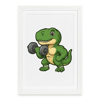 Mignon Dino T-Rex Entraînement Fitness Dessin animé - Affiche encadrée (27 × 37 cm) - blanc - Devant