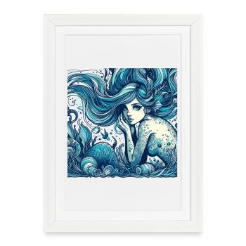 Sirène Sirène Cheveux Bleus Art Nouveau Cadeau - Affiche encadrée (27 × 37 cm) - blanc - Devant
