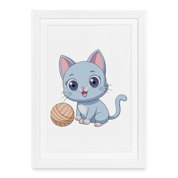 Chaton bleu joueur avec pelote de laine - Affiche encadrée (27 × 37 cm) - blanc - Devant