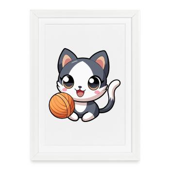 Chaton kawaii noir et blanc avec pelote - Affiche encadrée (27 × 37 cm) - blanc - Devant