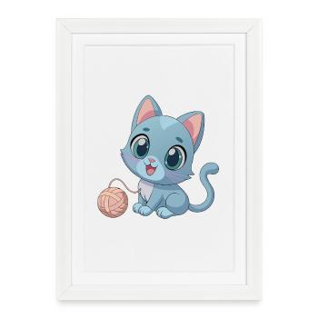 Chaton bleu joueur avec pelote de laine - Affiche encadrée (27 × 37 cm) - blanc - Devant