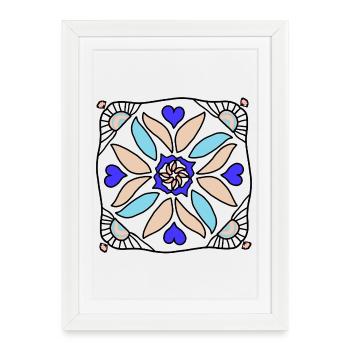 Mandala Cercle de Fleurs en Beige Bleu - Affiche encadrée (27 × 37 cm) - blanc - Devant
