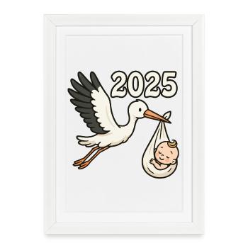 Cigogne avec enfant trouvé dans son bec 2025 - Affiche encadrée (27 × 37 cm) - blanc - Devant