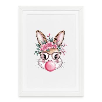 Floral Bunny with Glasses and Bubblegum - Framed poster (27 × 37 cm) - white - Front