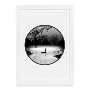 Pêcheurs dans un cadre naturel calme – style silhouette - Affiche encadrée (27 × 37 cm) - blanc - Devant