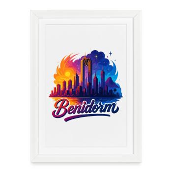 Cadeau Silhouette de la ville de Benidorm en Espagne - Affiche encadrée (27 × 37 cm) - blanc - Devant