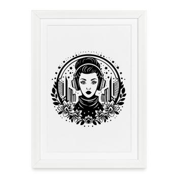 Urban Skyline Shirt – Woman with Headphones - Framed poster (27 × 37 cm) - white - Front