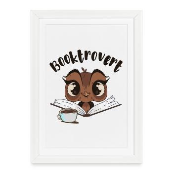 Hibou Booktrovert avec livre et café - Affiche encadrée (27 × 37 cm) - blanc - Devant