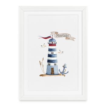 Phare avec créatures marines et bannière - Affiche encadrée (27 × 37 cm) - blanc - Devant