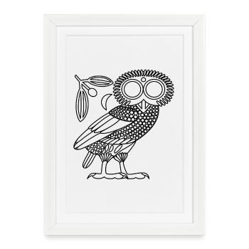 Hibou d’Athéna [Contour noir + Couronne et croissant] - Affiche encadrée (27 × 37 cm) - blanc - Devant