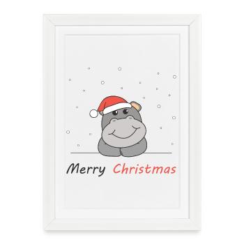 Hippopotame Noël Neige Hiver Animaux Hippopotames - Affiche encadrée (27 × 37 cm) - blanc - Devant