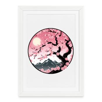 Cherry Blossom Mountain Landscape - Framed poster (27 × 37 cm) - white - Front