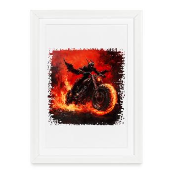 Un motard démoniaque en feu - Affiche encadrée (27 × 37 cm) - blanc - Devant