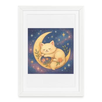 Sleeping cat on moon in starry sky - Framed poster (27 × 37 cm) - white - Front