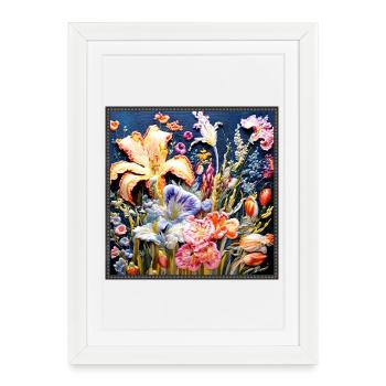 Floral pattern in embroidery technique on dark blue - Framed poster (27 × 37 cm) - white - Front