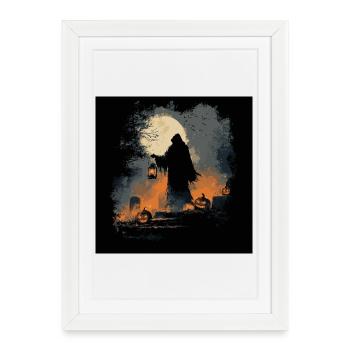 Silhouette de la Faucheuse avec des citrouilles et la pleine lune - Affiche encadrée (27 × 37 cm) - blanc - Devant