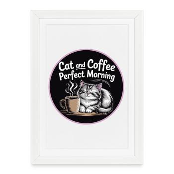 Chat et café Perfect Morning - Affiche encadrée (27 × 37 cm) - blanc - Devant
